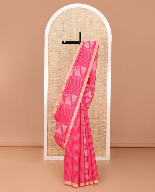 Pink stripes & triangle motifs soft silk saree, zari border & geometric patterned pallu