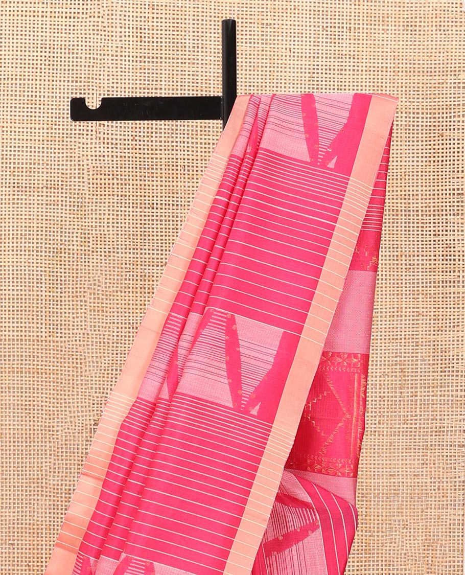 Pink stripes & triangle motifs soft silk saree, zari border & geometric patterned pallu