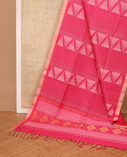 Pink stripes & triangle motifs soft silk saree, zari border & geometric patterned pallu