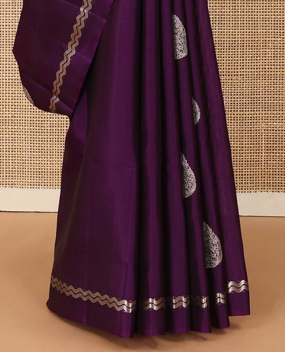 Purple thilakam zari buttas woven soft silk saree, zig-zag stripes border, and floral jaal pallu