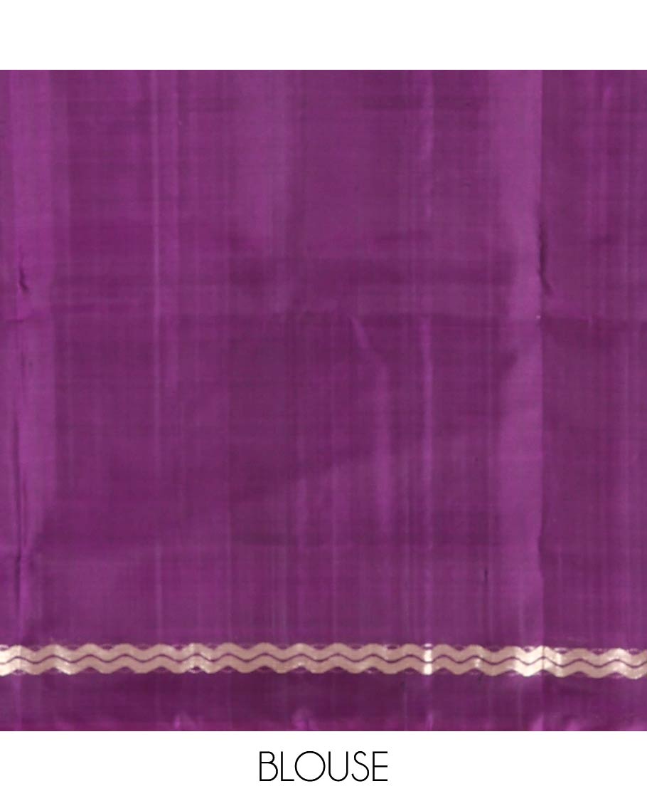 Purple thilakam zari buttas woven soft silk saree, zig-zag stripes border, and floral jaal pallu