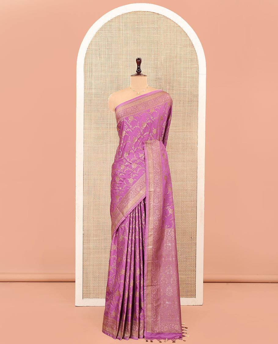 Pink Mushru Silk Saree, Prettified with Floral Jaal Jacquard Design on Its Body, Subtly Sparkled Zari Border of Floral Creeper Designs, Mughal-Style Pallu of Floral Bouquet Designs, and Paired with a Matching Blouse