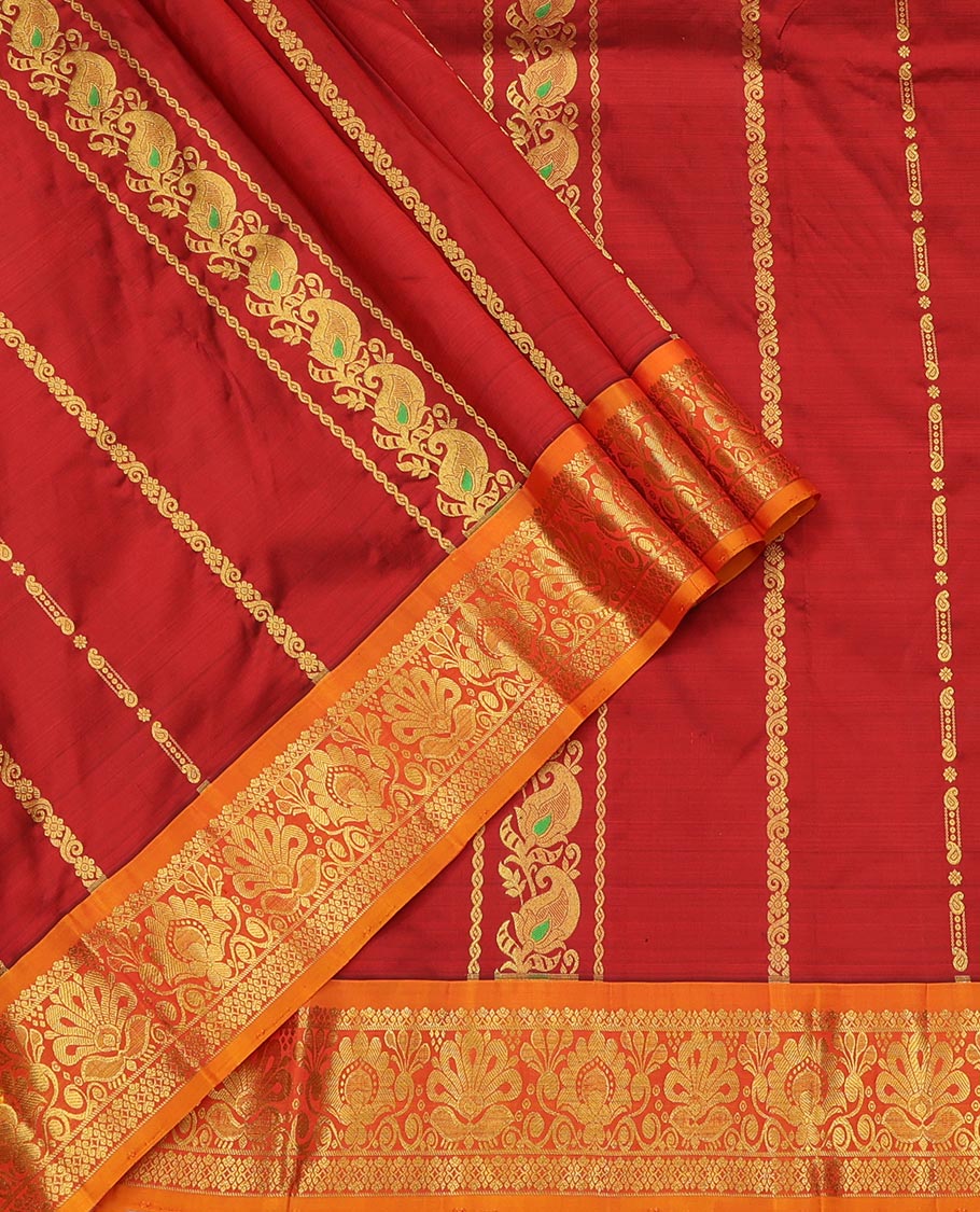 Red Pure Silk Half-Saree, Bedecked with Zari Designs on Its Body, Complemented by a Contrast Floral Zari Design Border, Complemented by a Contrast Blouse, and Paired with a Contrast Dhavani of Jaal Designs
