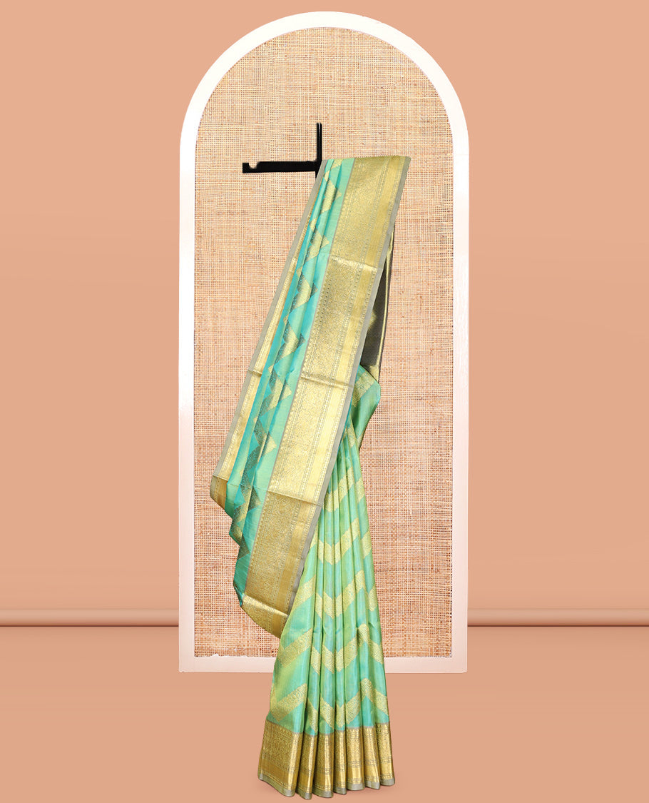 Turquoise Chevron Striped Venkatagiri Silk Saree, Contrast Traditional Border, Jaal Pallu, Contrast Blouse