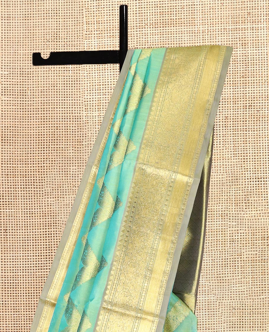 Turquoise Chevron Striped Venkatagiri Silk Saree, Contrast Traditional Border, Jaal Pallu, Contrast Blouse