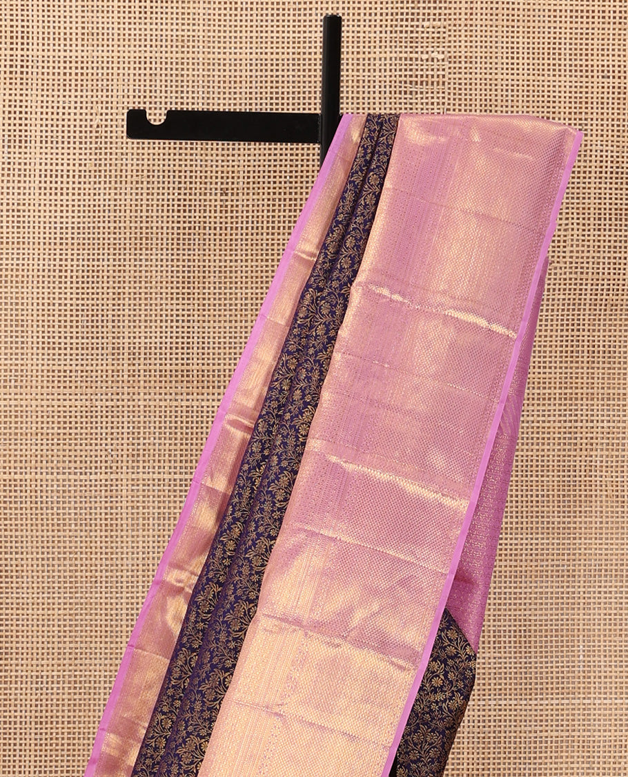 Blue floral jaal jacquard wedding silk saree, zari border of thilakam, neli, kodi visiry, and mayil kann, and intricate pallu