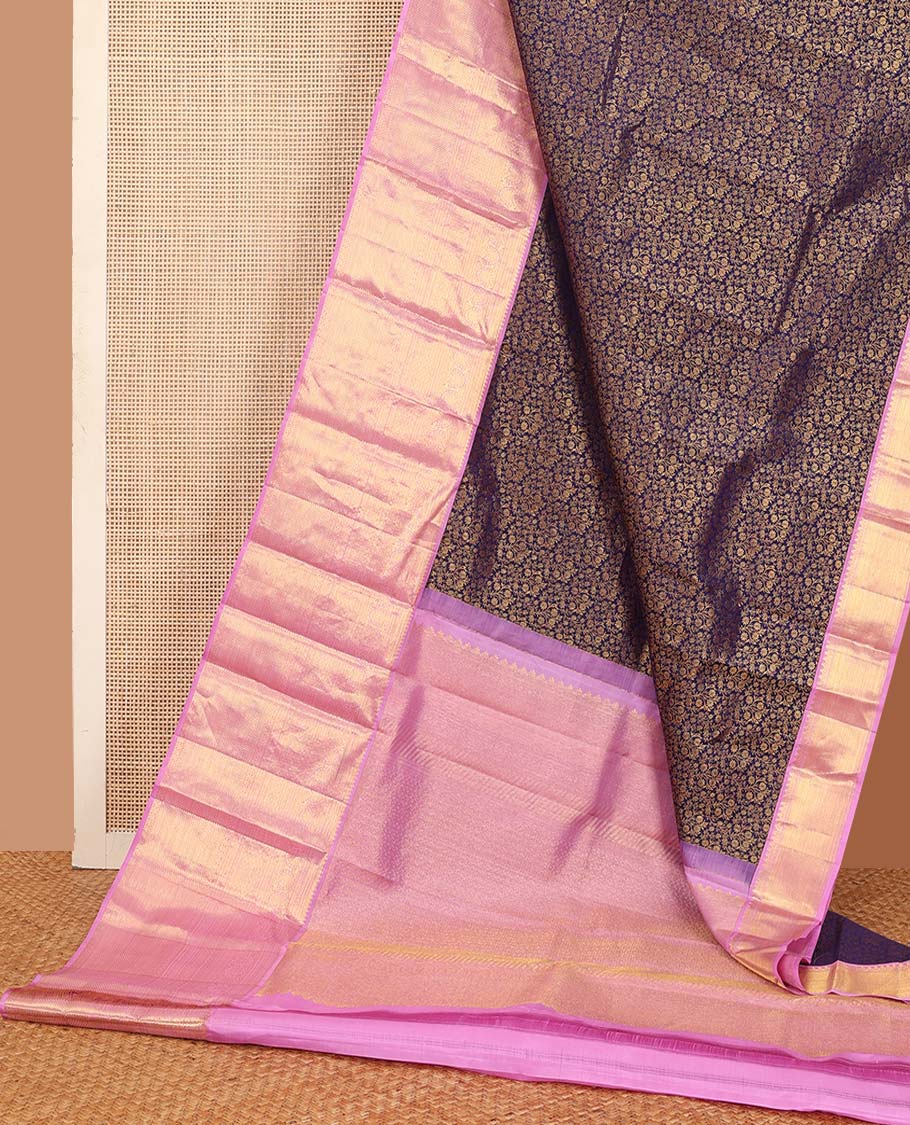 Blue floral jaal jacquard wedding silk saree, zari border of thilakam, neli, kodi visiry, and mayil kann, and intricate pallu