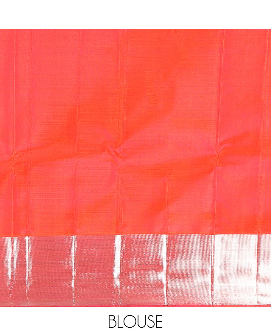 Orange jacquard kanchipuram silk saree, zari border, and zari woven pallu of intricate designs
