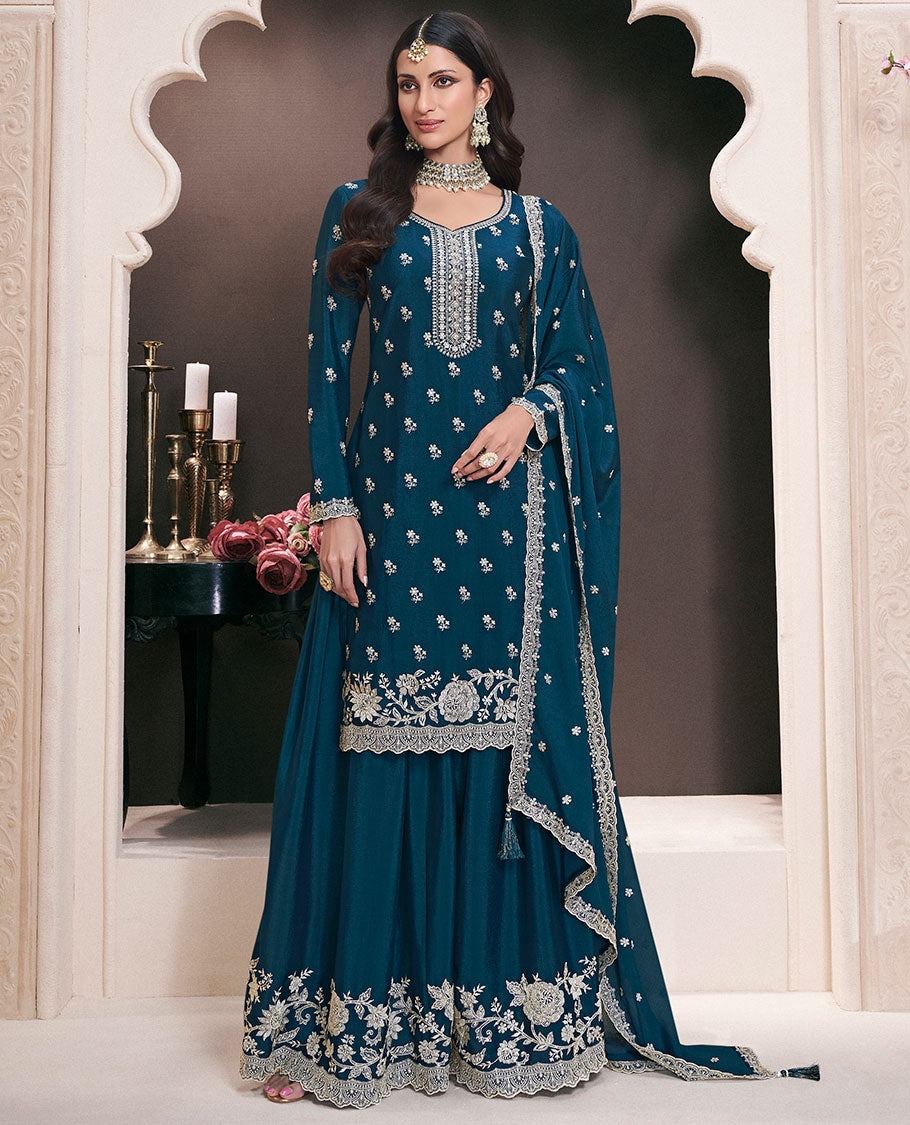Blue dress material catalouge floral thread embroidery top with embroidery palazzo pants & floral embroidery scallop border dupatta