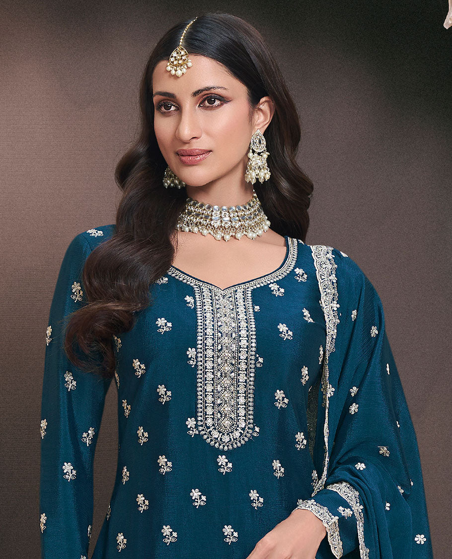 Blue dress material catalouge floral thread embroidery top with embroidery palazzo pants & floral embroidery scallop border dupatta