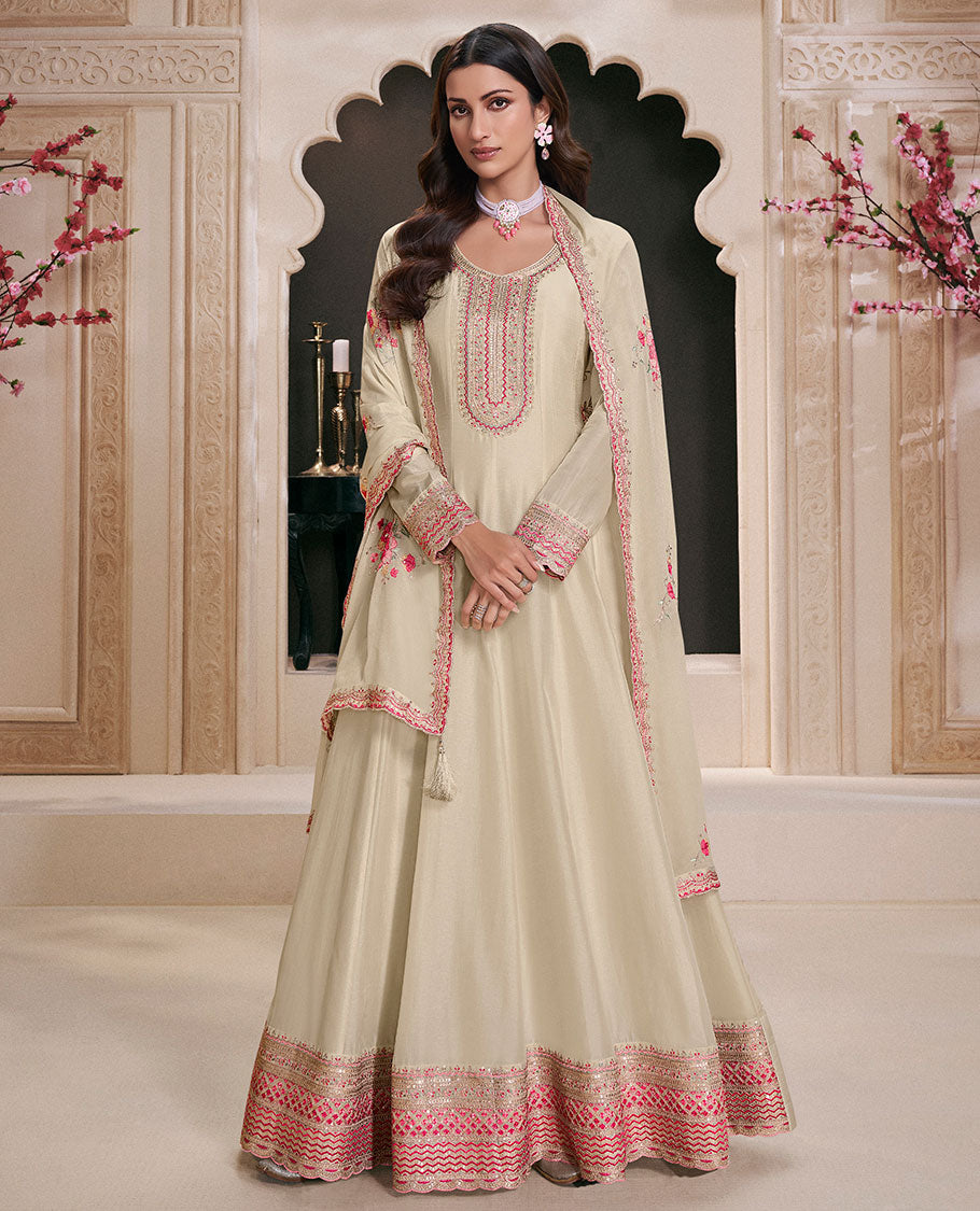 Beige dress material catalouge floral embroidery anarkali with floral embroidery scallop border dupatta