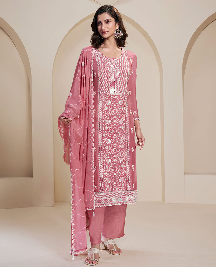 Red dress material catalouge floral thread embroidery top with plain bottom & floral embroidery scallop border dupatta