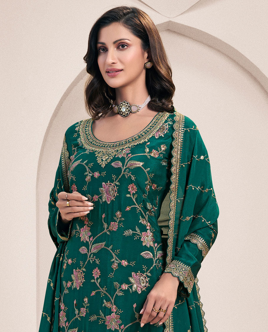 Green dress material catalouge floral thread embroidery top with palazzo pants & floral embroidery scallop border dupatta