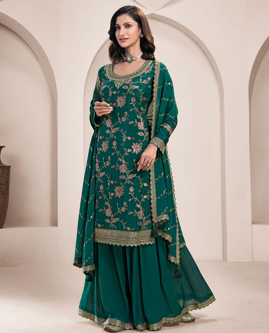 Green dress material catalouge floral thread embroidery top with palazzo pants & floral embroidery scallop border dupatta