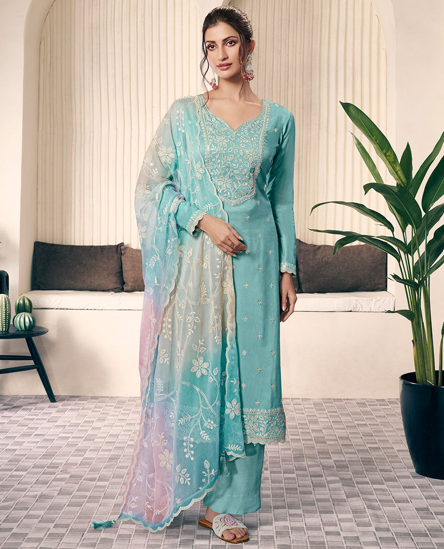Blue dress material catalouge floral thread embroidery top with plain pants & floral embroidery scallop border dupatta