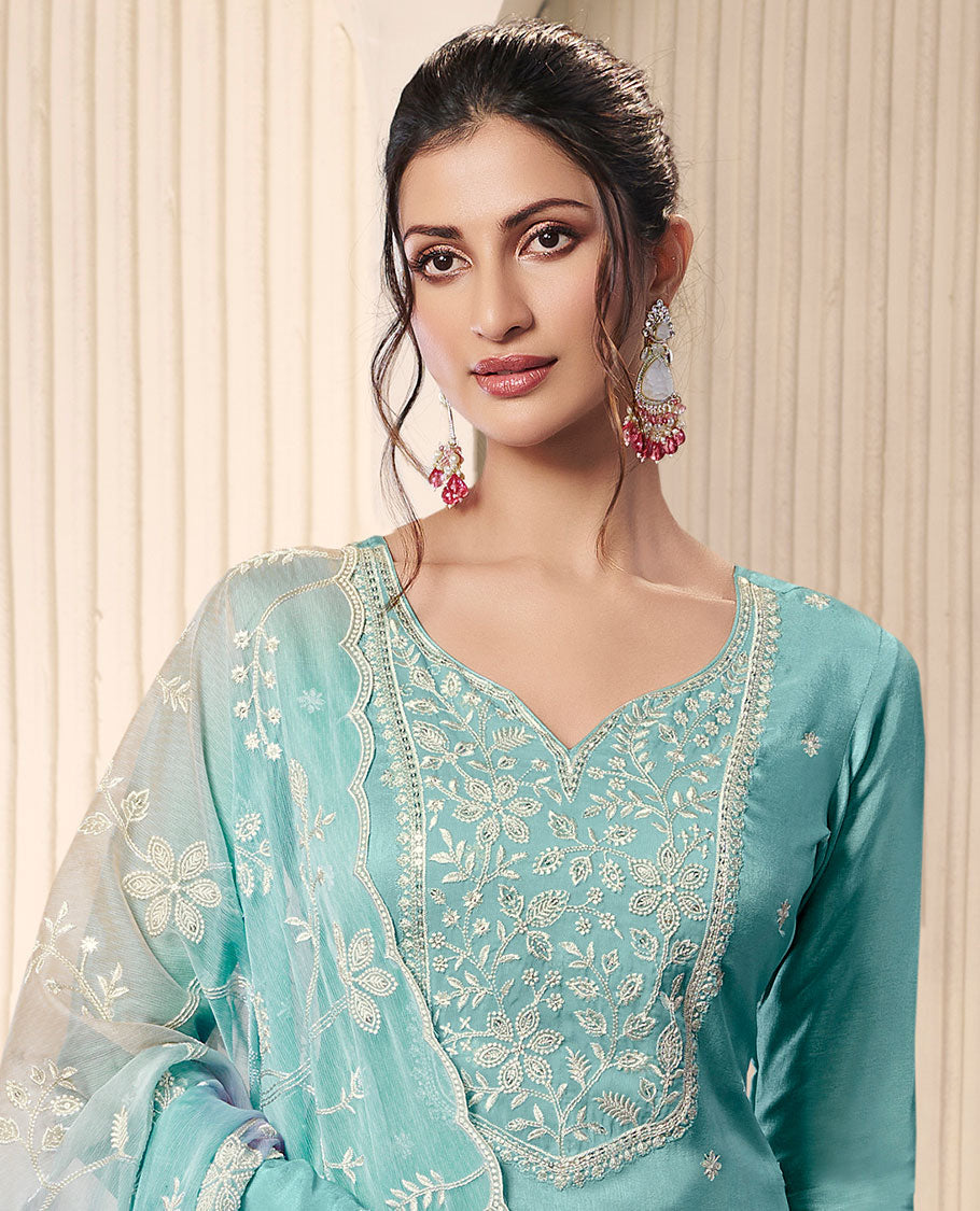 Blue dress material catalouge floral thread embroidery top with plain pants & floral embroidery scallop border dupatta