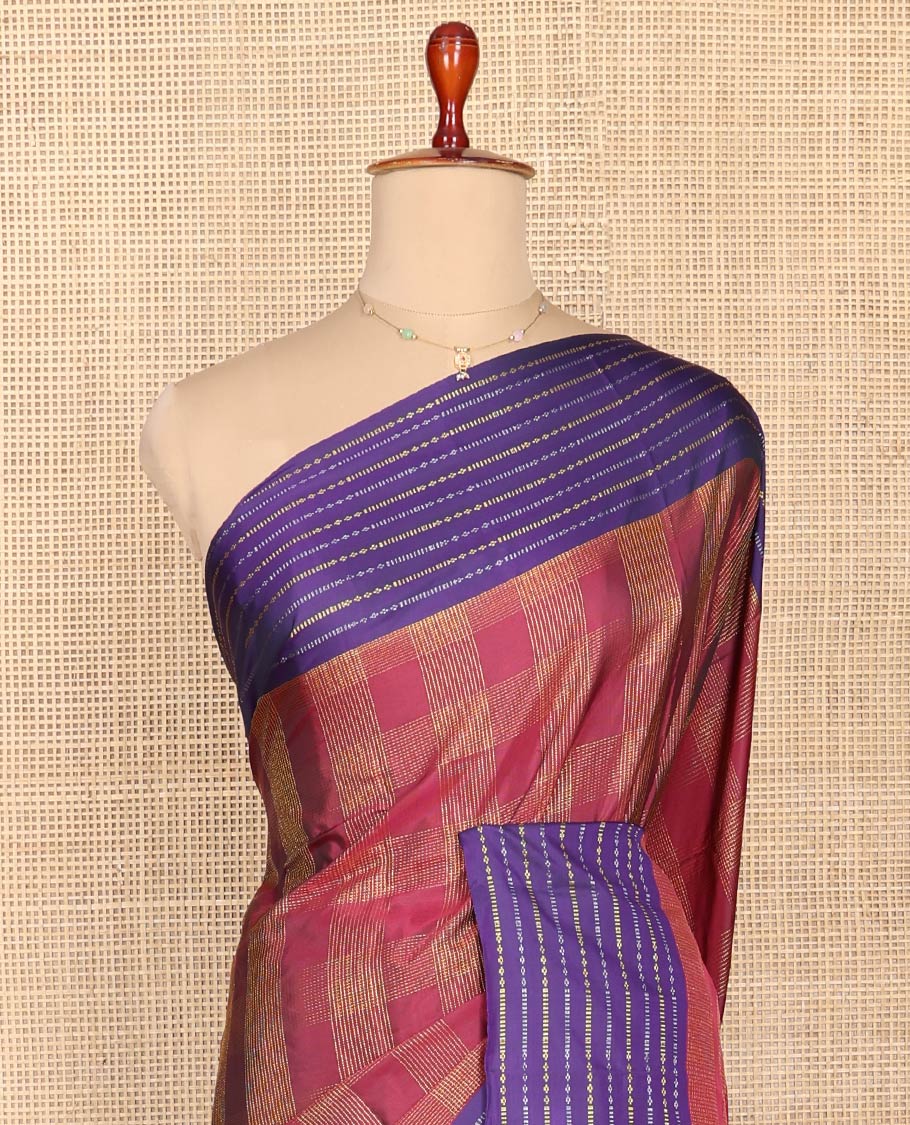 Maroon Aarani Silk Saree, Accentuated with Zari Checked Design on Its Body, Complemented by a Contrast Zari Striped Border, Pallu of Stripes, and Paired with a Matching Blouse