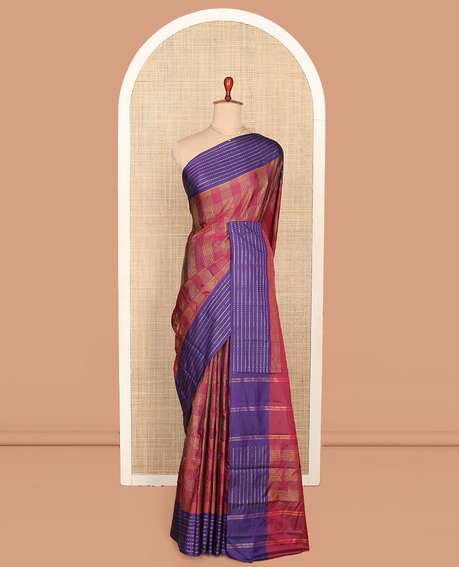 Maroon Aarani Silk Saree, Accentuated with Zari Checked Design on Its Body, Complemented by a Contrast Zari Striped Border, Pallu of Stripes, and Paired with a Matching Blouse