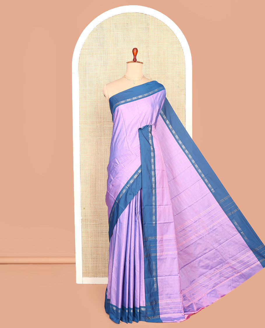 Lavender Aarani Silk Saree, Ornamented with Zari Checked Design All Over Its Body, Complemented by a Contrast Zari Border, Striped Pallu, and Paired with a Matching Blouse