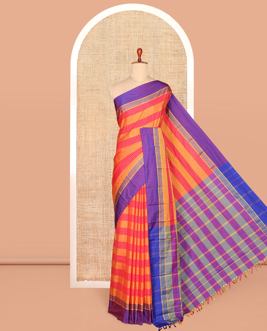 Multi-Color Striped Aarani Gift Saree, Finely Crafted with Plus-Size Buttas All Over Its Body, Complemented by a Contrast Border, Contrast Pallu of Stripes, and Paired with a Matching Blouse