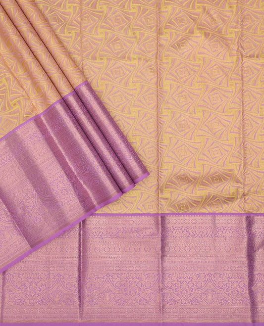 Yellow jacquard pure-mix half-saree, contrast border of traditional zari designs, zari design blouse & dhavani