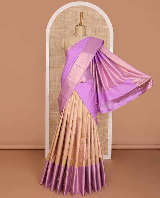 Yellow jacquard pure-mix half-saree, contrast border of traditional zari designs, zari design blouse & dhavani