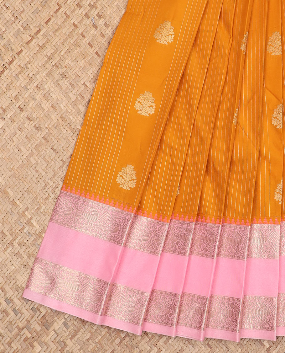 Orange zari buttas budget silk saree, contrast traditional zari design rettai pettu border, and jaal pallu