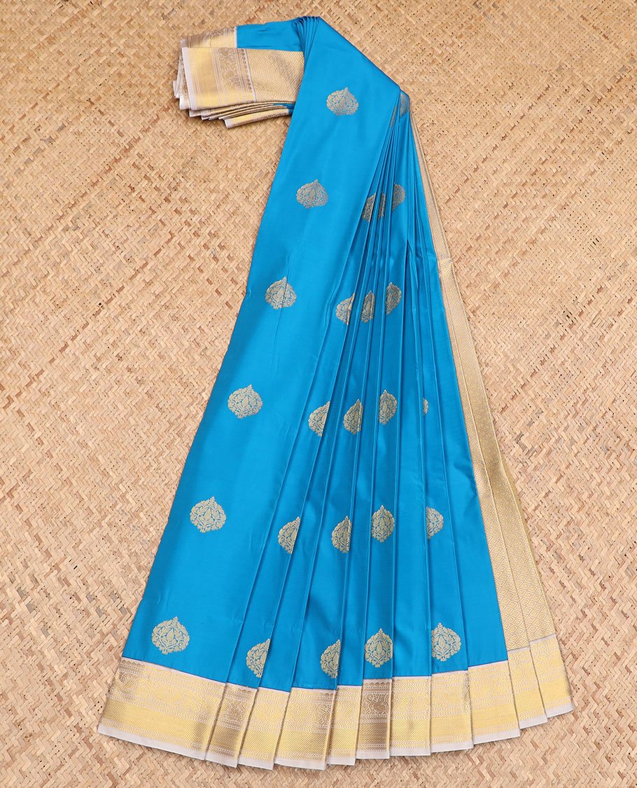 Blue zari buttas budget silk saree, contrast traditional zari border, and jaal pallu