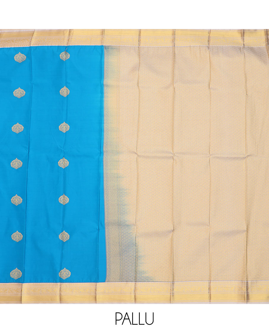 Blue zari buttas budget silk saree, contrast traditional zari border, and jaal pallu