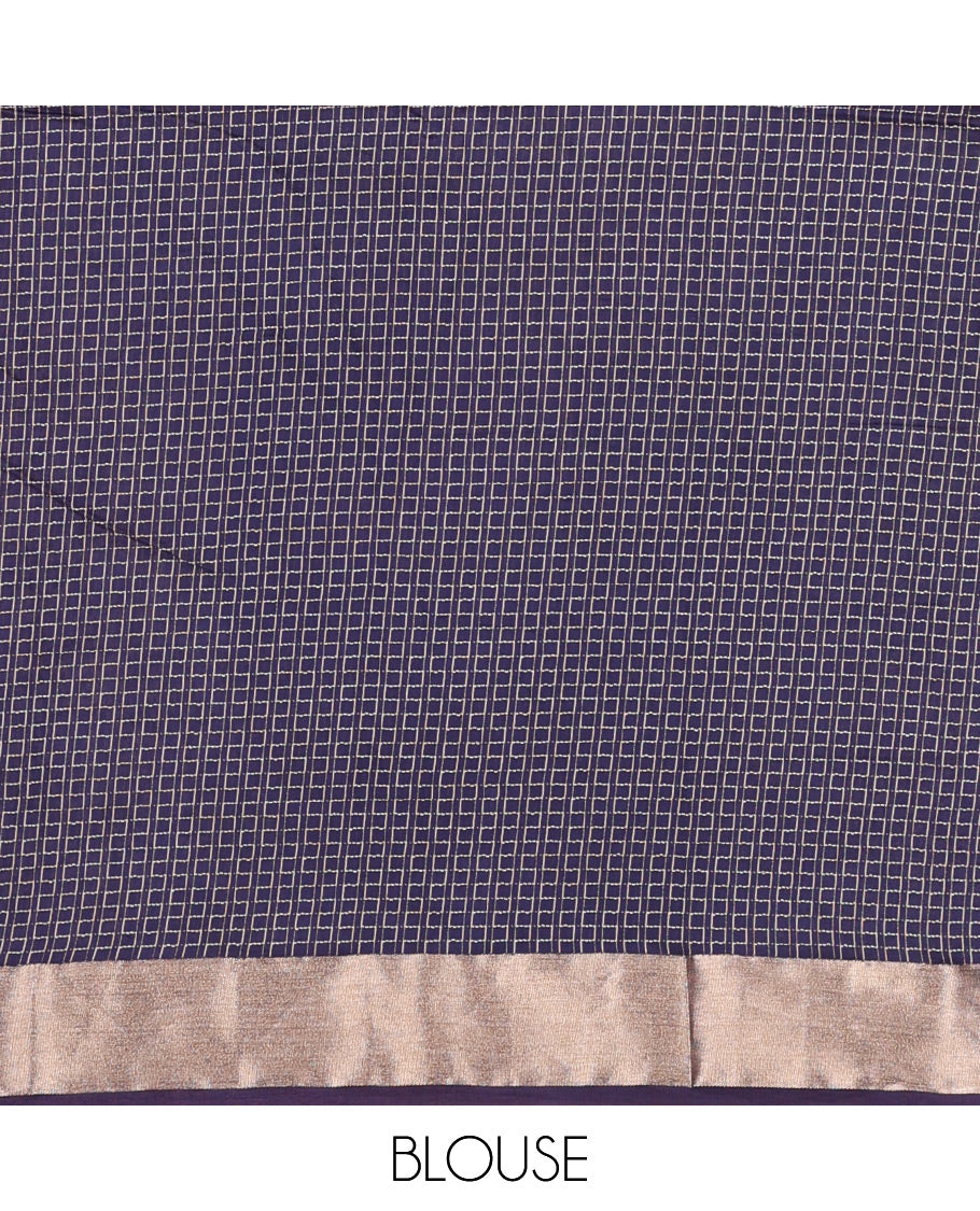 Blue Assam Silk Saree Beautified with Maze-Like Designs, Featuring a Simple Zari Border, Self-Pallu, and Paired with a Matching Blouse