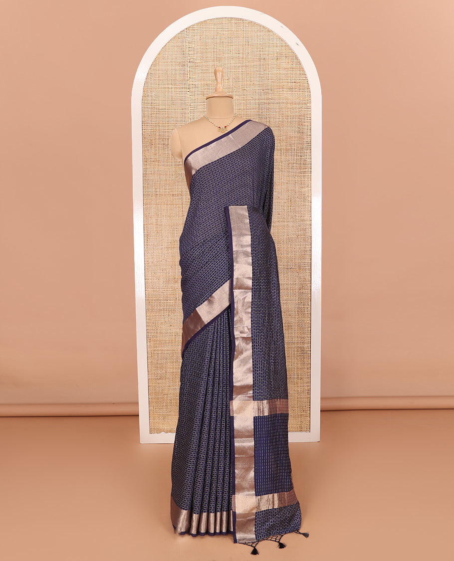 Blue Assam Silk Saree Beautified with Maze-Like Designs, Featuring a Simple Zari Border, Self-Pallu, and Paired with a Matching Blouse
