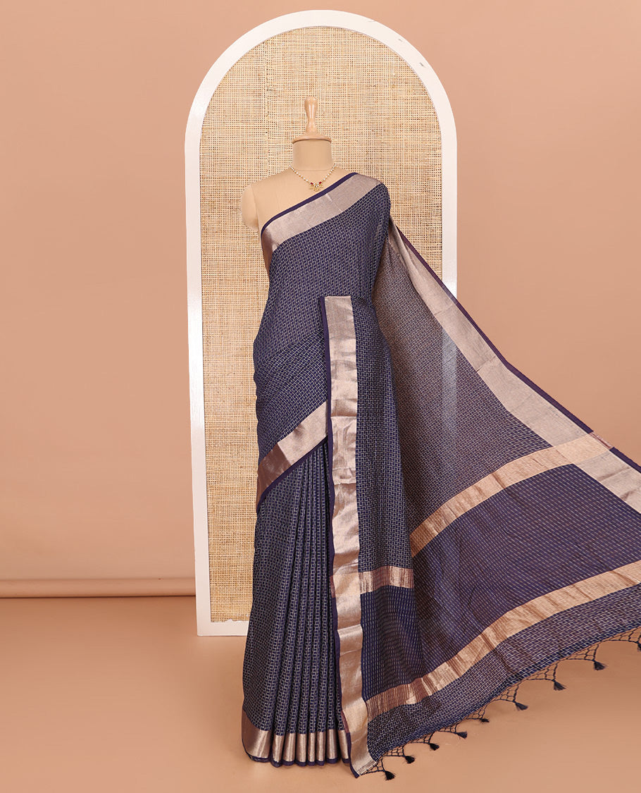 Blue Assam Silk Saree Beautified with Maze-Like Designs, Featuring a Simple Zari Border, Self-Pallu, and Paired with a Matching Blouse
