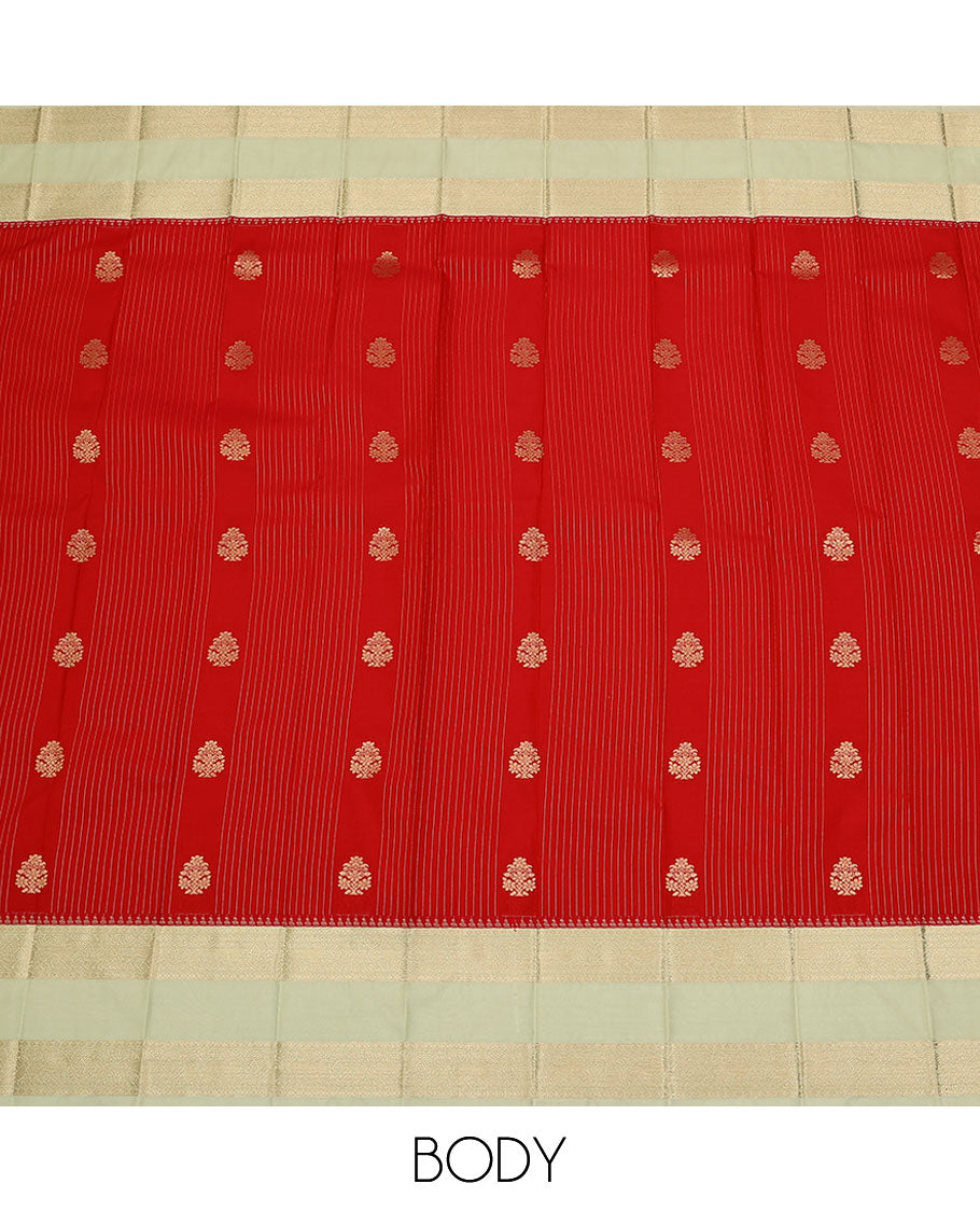 Red stripes, and zari buttas budget silk saree, contrast rettai pettu traditional zari border, and intricate pallu