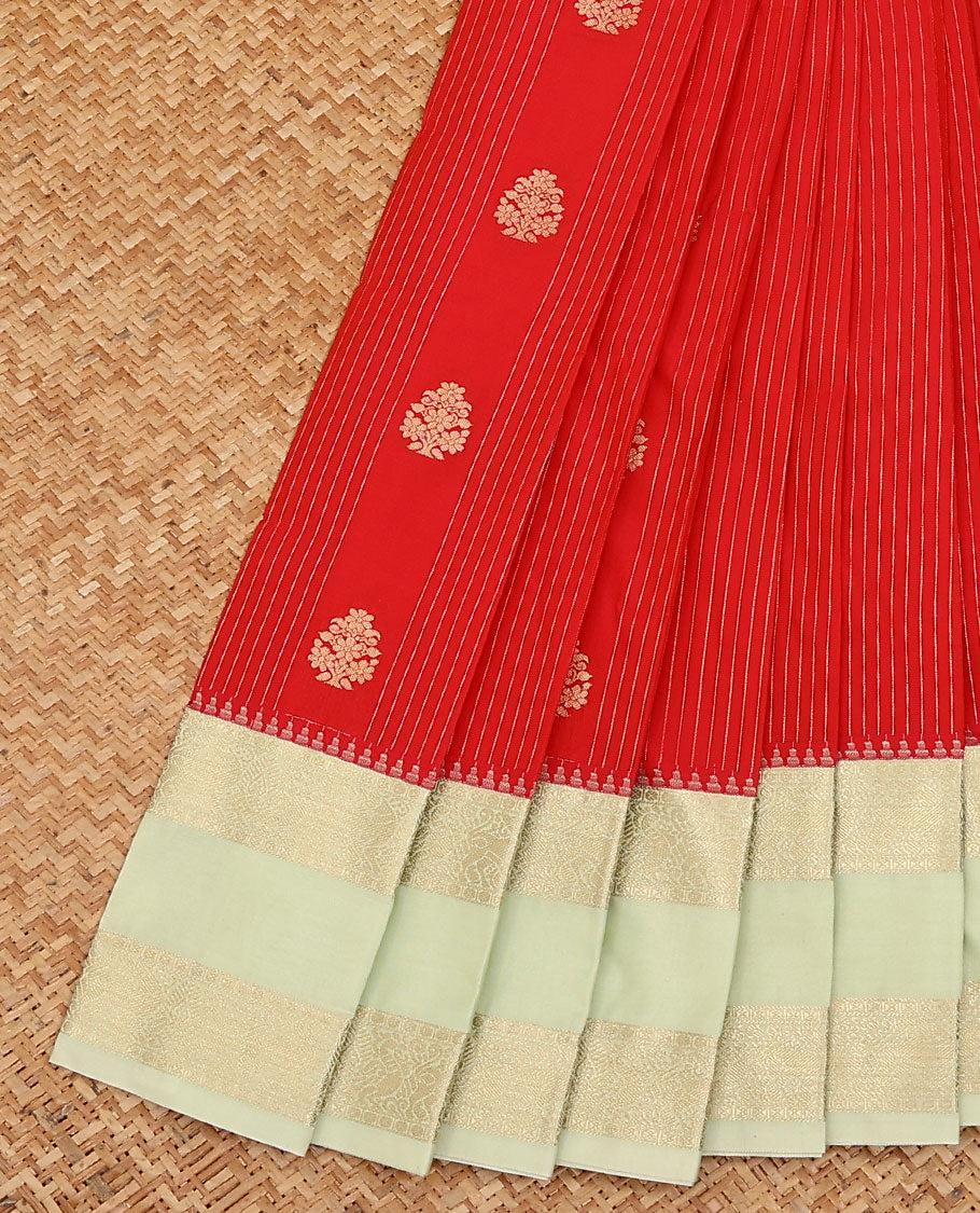 Red stripes, and zari buttas budget silk saree, contrast rettai pettu traditional zari border, and intricate pallu