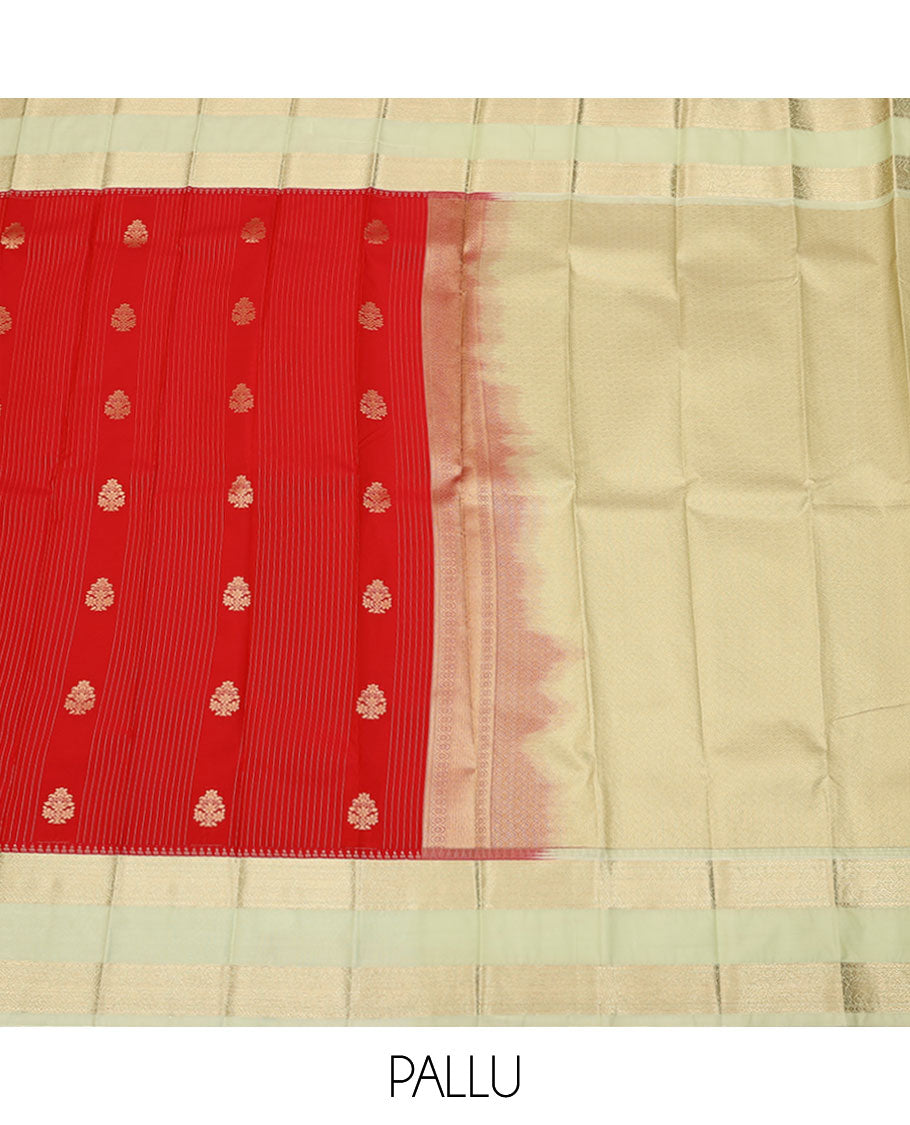 Red stripes, and zari buttas budget silk saree, contrast rettai pettu traditional zari border, and intricate pallu