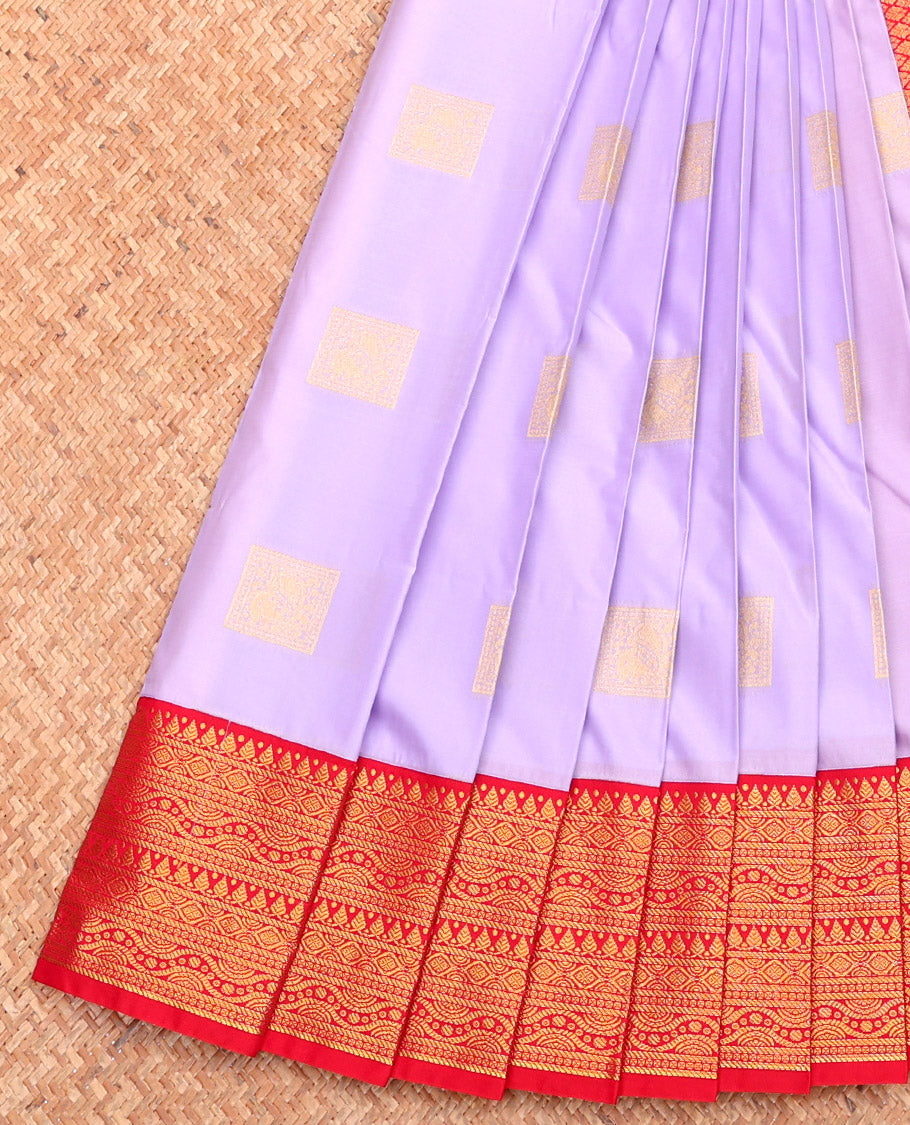 Lavender Budget Silk Saree, Sparsely Woven with Zari Buttas, Complemented by a Contrast Traditional Zari Border, Grand Pallu, and Contrast Blouse