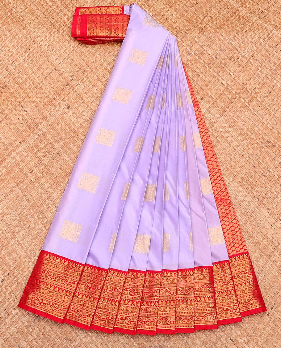 Lavender Budget Silk Saree, Sparsely Woven with Zari Buttas, Complemented by a Contrast Traditional Zari Border, Grand Pallu, and Contrast Blouse