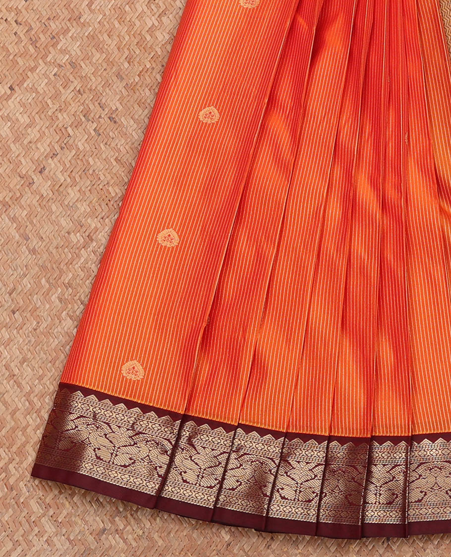 Orange Budget Silk Saree, Delicately Woven with Zari Buttas and Stripes, Complemented by a Contrast Traditional Zari Border, Grand Pallu, and a Contrast Blouse