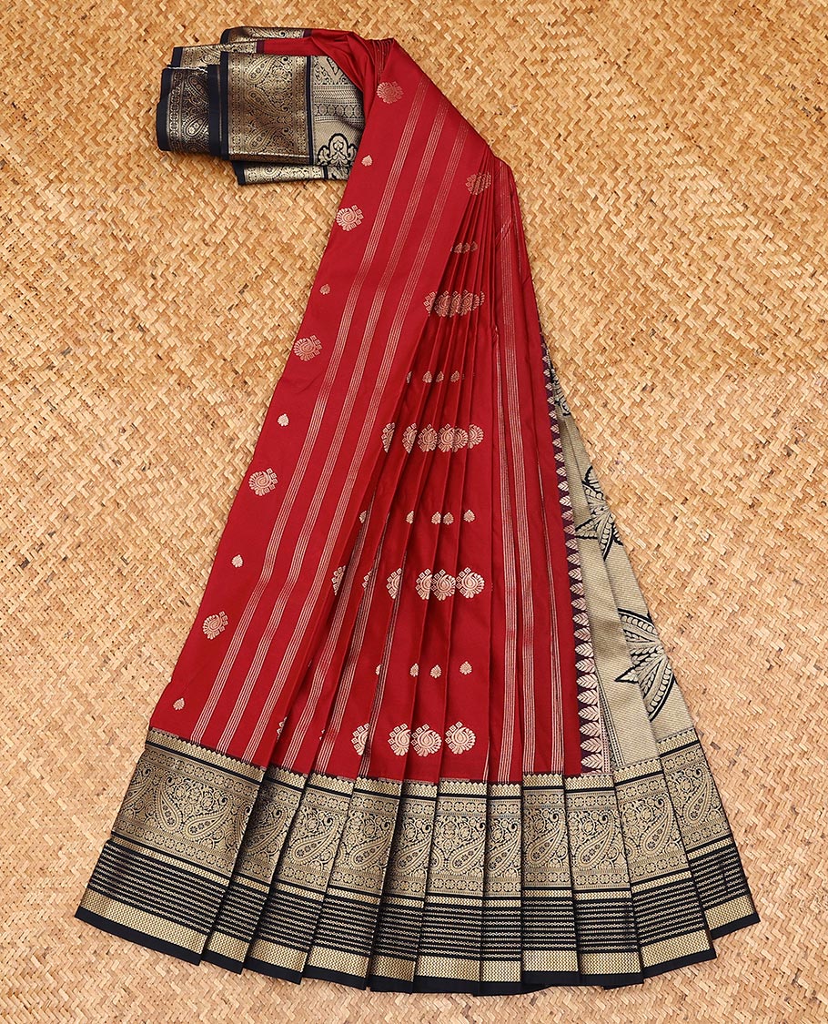 Red stripes, and zari buttas gift saree, contrast traditional zari design border, and intricate pallu