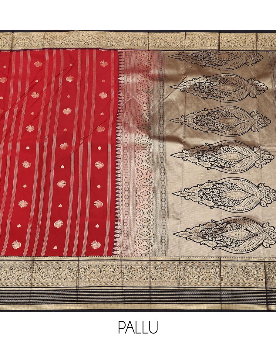 Red stripes, and zari buttas gift saree, contrast traditional zari design border, and intricate pallu