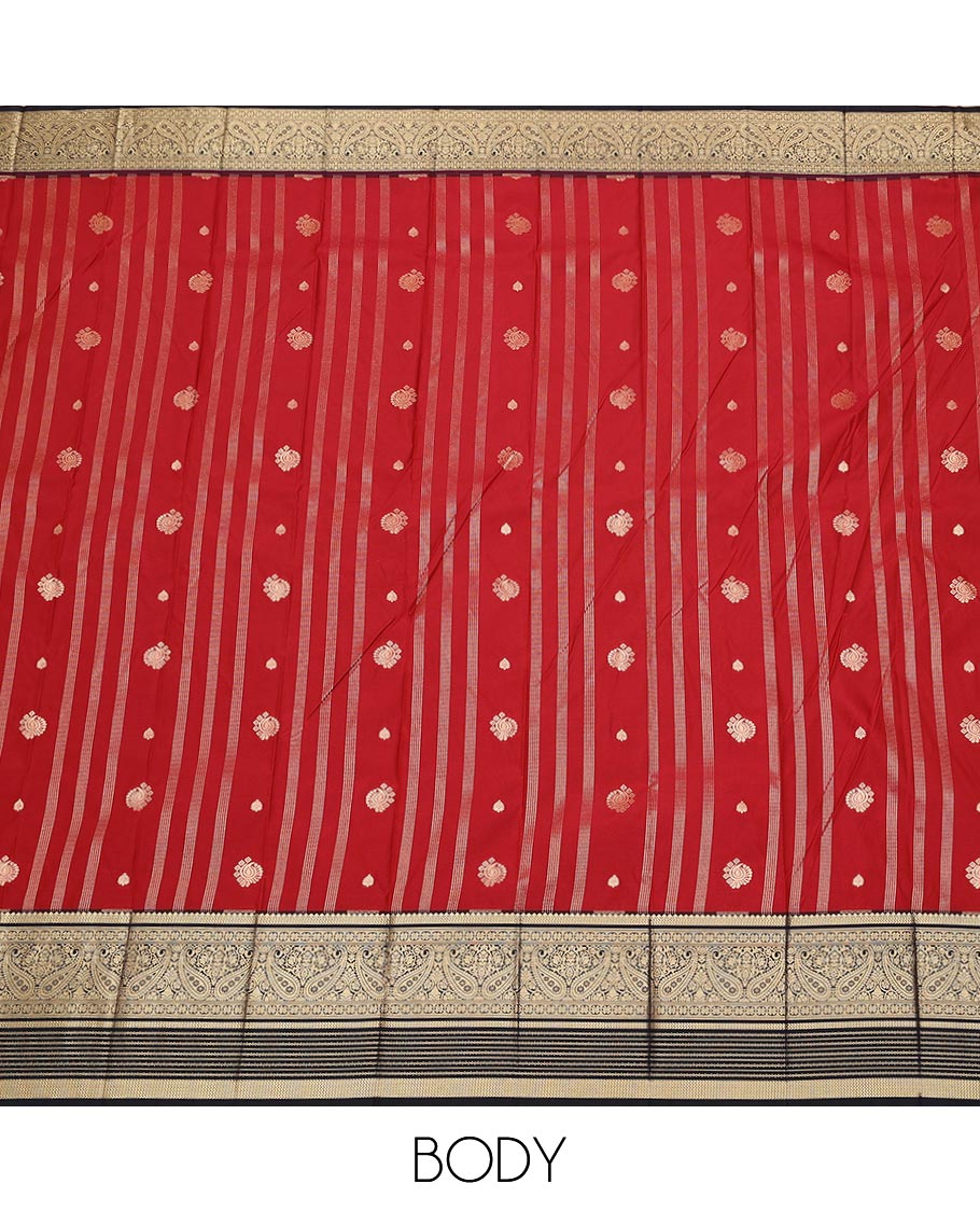 Red stripes, and zari buttas gift saree, contrast traditional zari design border, and intricate pallu
