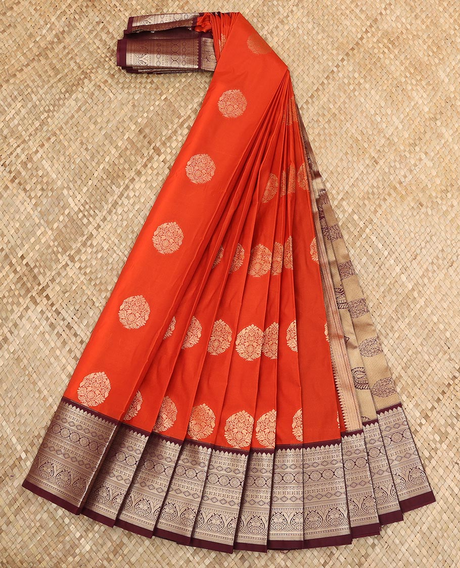 Rust orange zari buttas budget silk saree, contrast traditional zari temple border, and intricate pallu