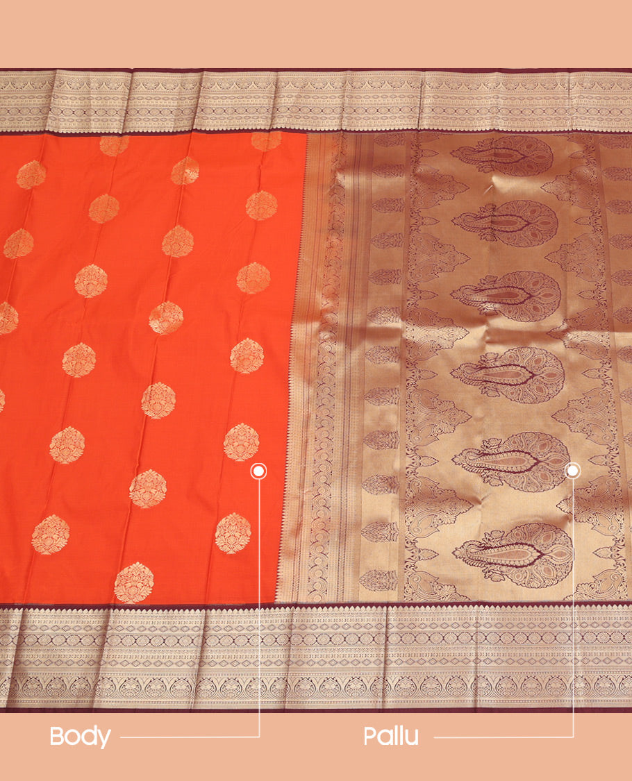 Rust orange zari buttas budget silk saree, contrast traditional zari temple border, and intricate pallu