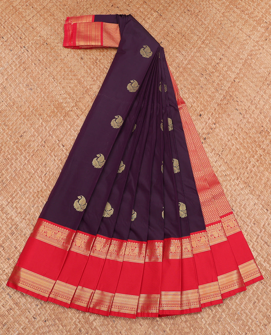 Purple Budget Silk Saree, Embellished with Zari Buttas, Complemented by Contrast Traditional Zari Rettai Pettu Border, Jaal Pallu, and a Contrast Blouse