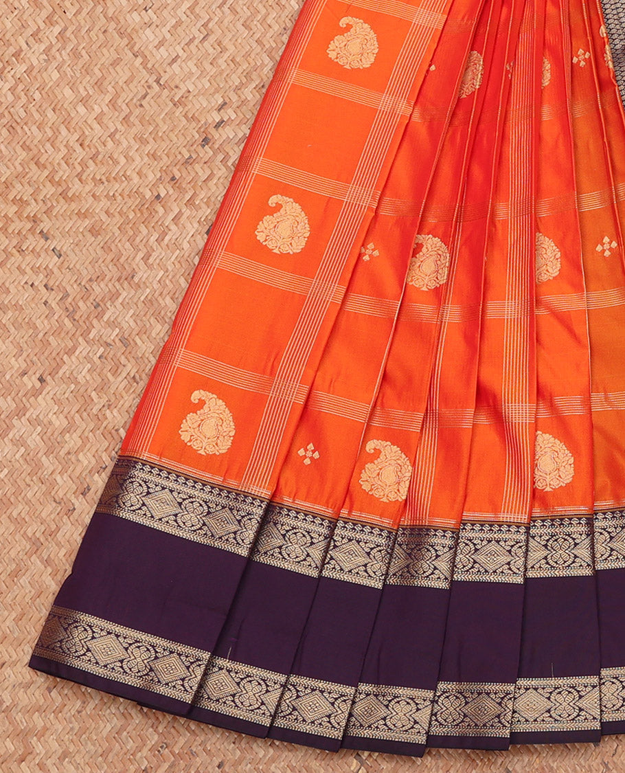 Orange Budget Silk Saree, Elevated with Zari Butta Enclosed Checks, Complemented by a Contrast Traditional Zari Rettai Pettu Border, Grand Pallu, and a Contrast Blouse