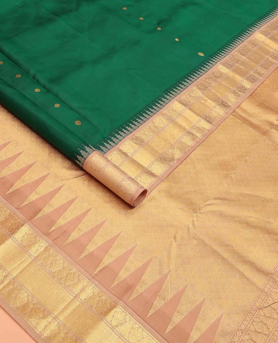 Green buttas Bangalore silk saree, contrast temple traditional zari border, and pallu of jaal designs