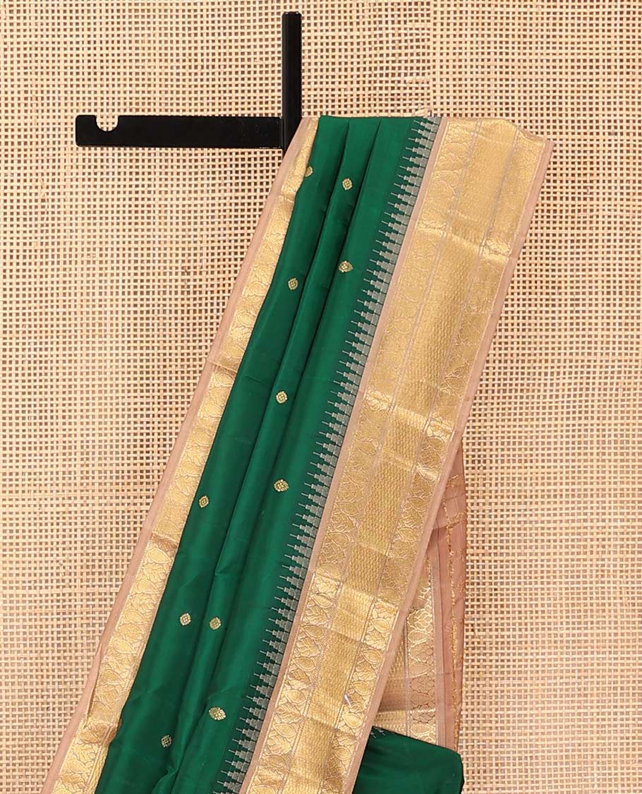 Green buttas Bangalore silk saree, contrast temple traditional zari border, and pallu of jaal designs