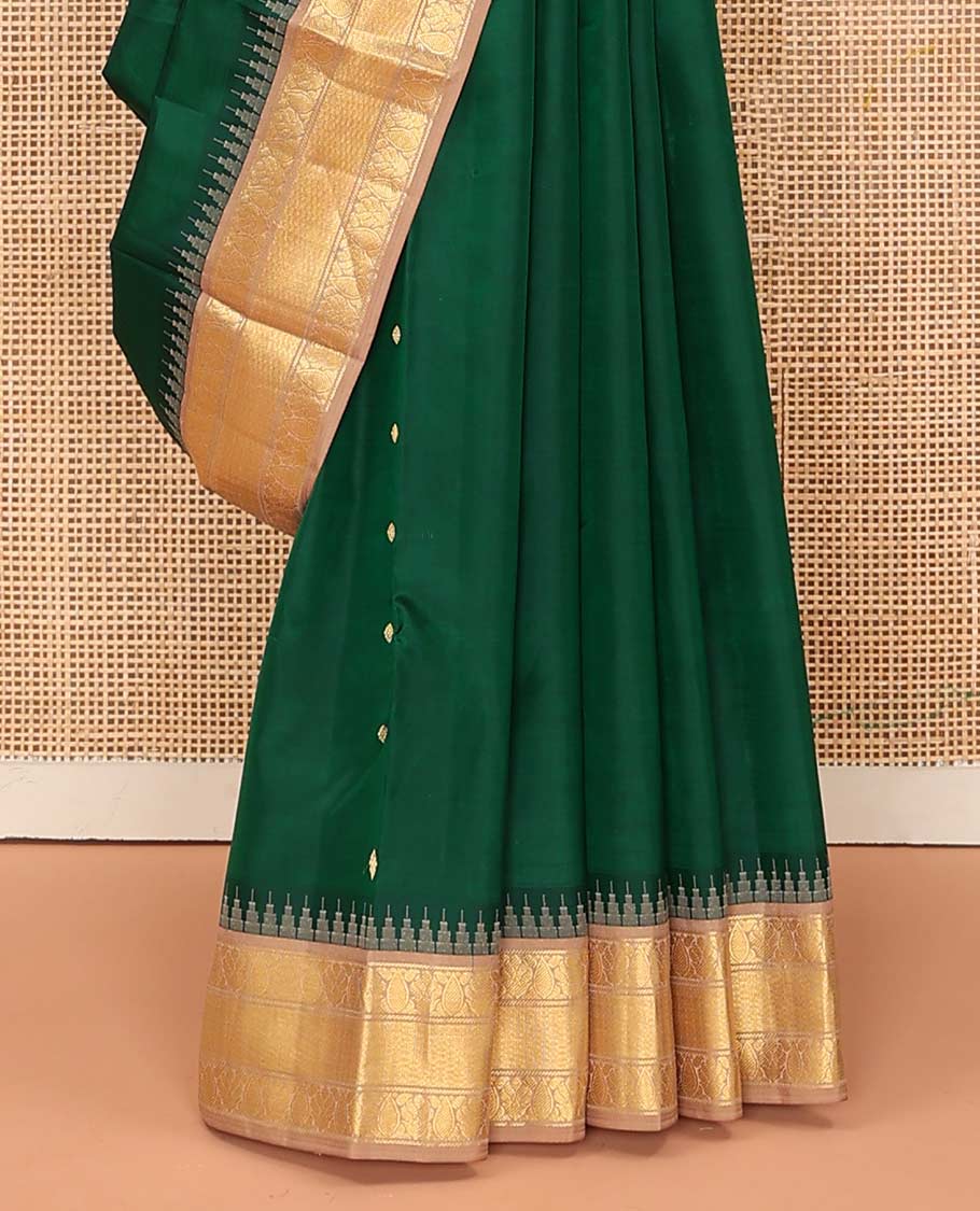 Green buttas Bangalore silk saree, contrast temple traditional zari border, and pallu of jaal designs