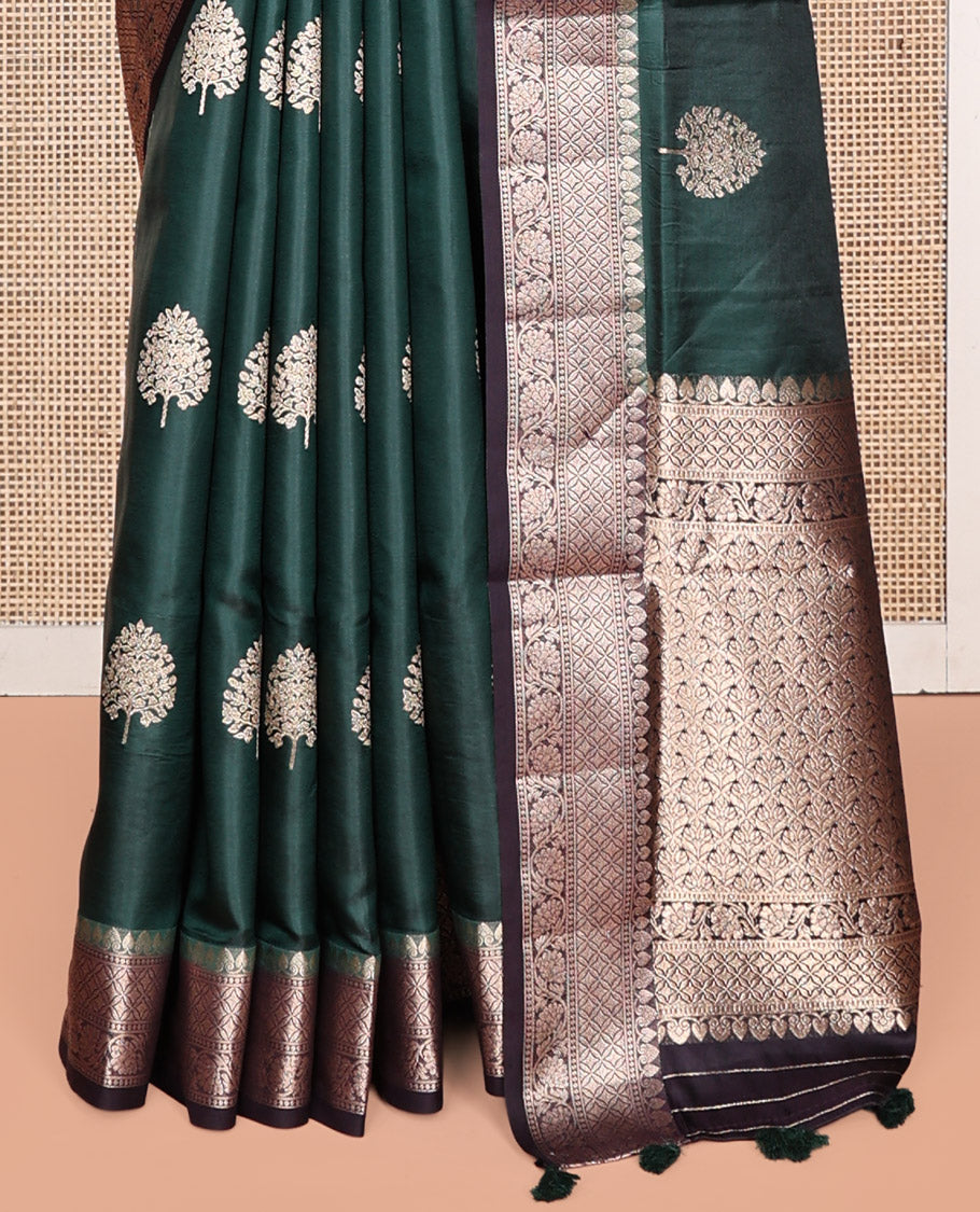 Green Satin Silk Saree, Embellished with Tree Buttas, Complemented by a Contrast Traditional Design Border, Grand Pallu, and a Contrast Blouse