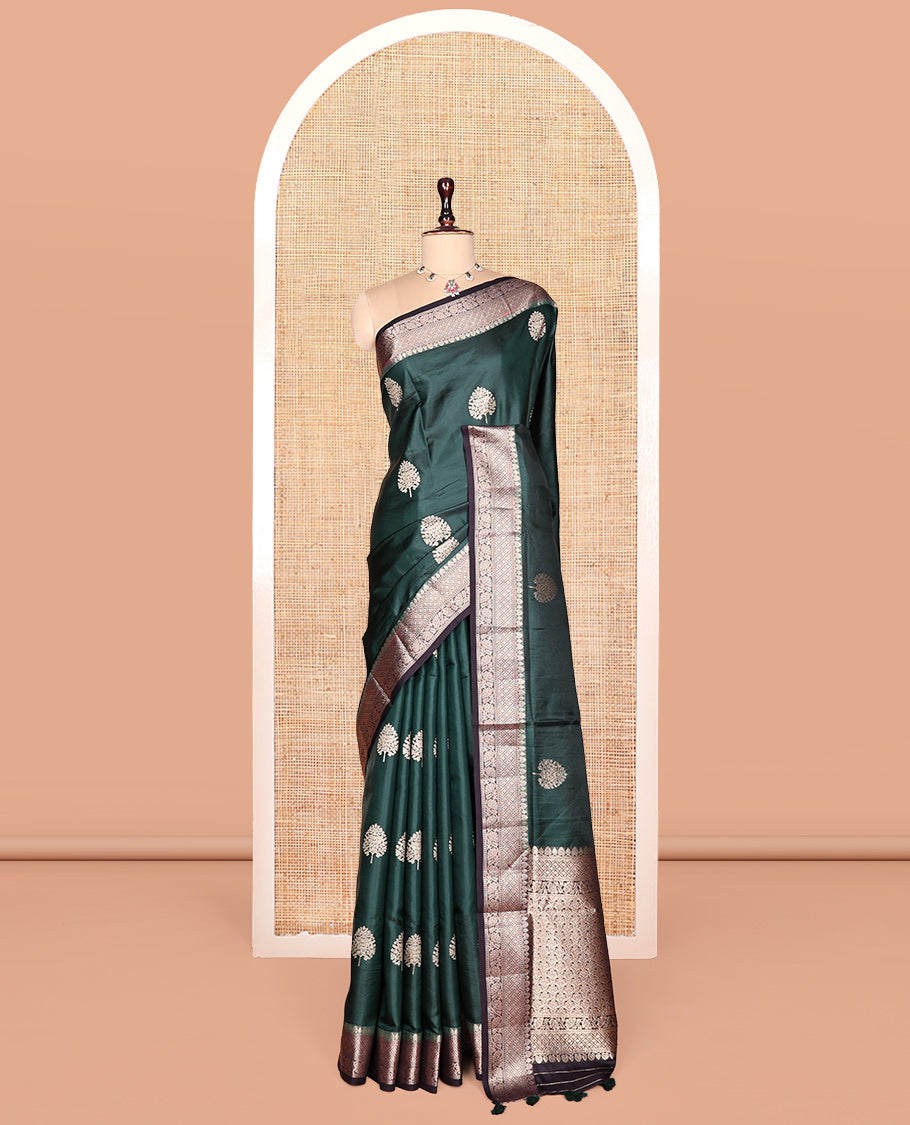 Green Satin Silk Saree, Embellished with Tree Buttas, Complemented by a Contrast Traditional Design Border, Grand Pallu, and a Contrast Blouse